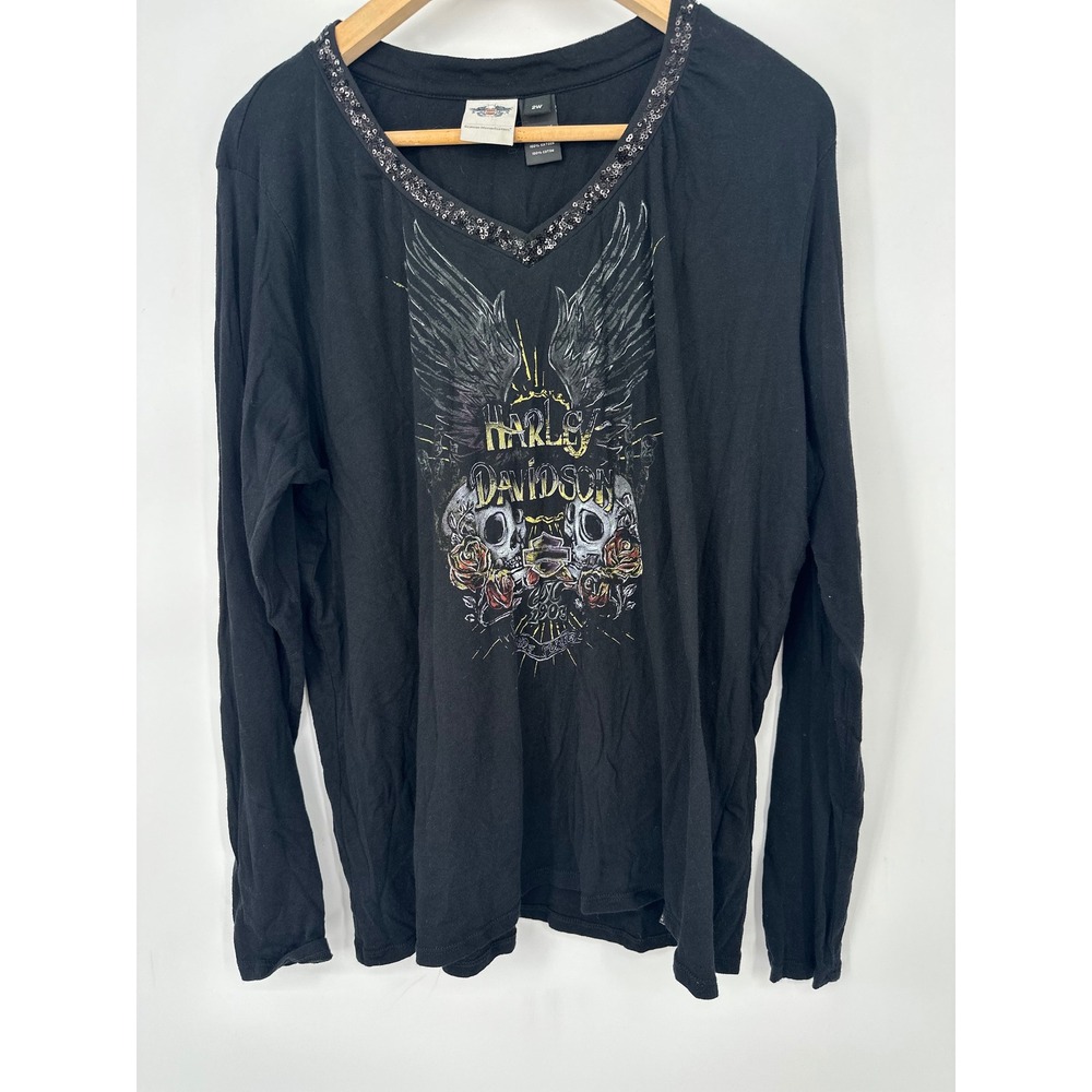 Harley Davidson Wings‎ Skull Top Women 2W Black Long Sleeve Sequin V-Neck Biker